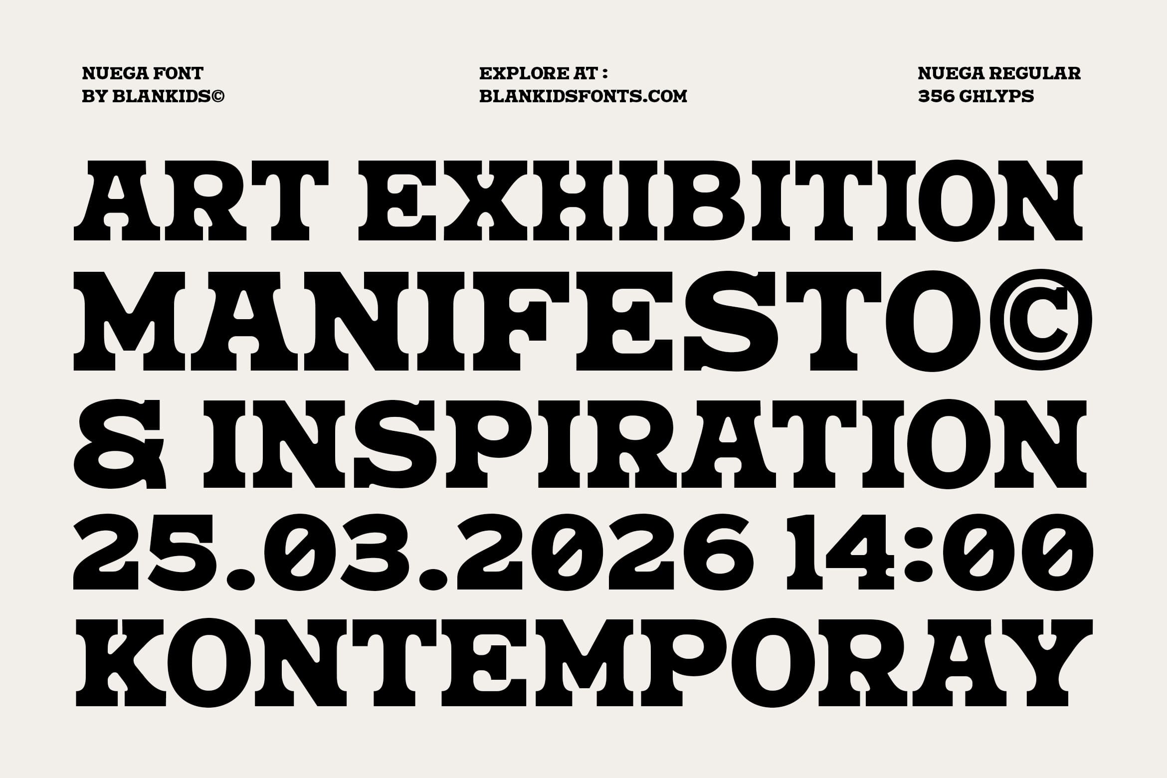 Bold slab serif font poster for art exhibition with event details in black