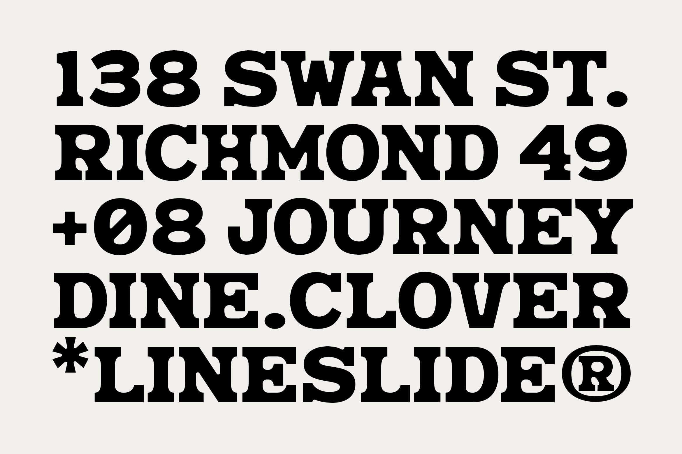 Bold slab serif font specimen showing addresses, numbers, symbols in heavy black typeface