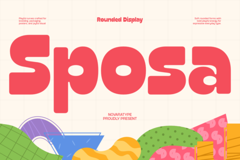 Rounded Display font in hot pink with soft curves, colorful geometric shapes below