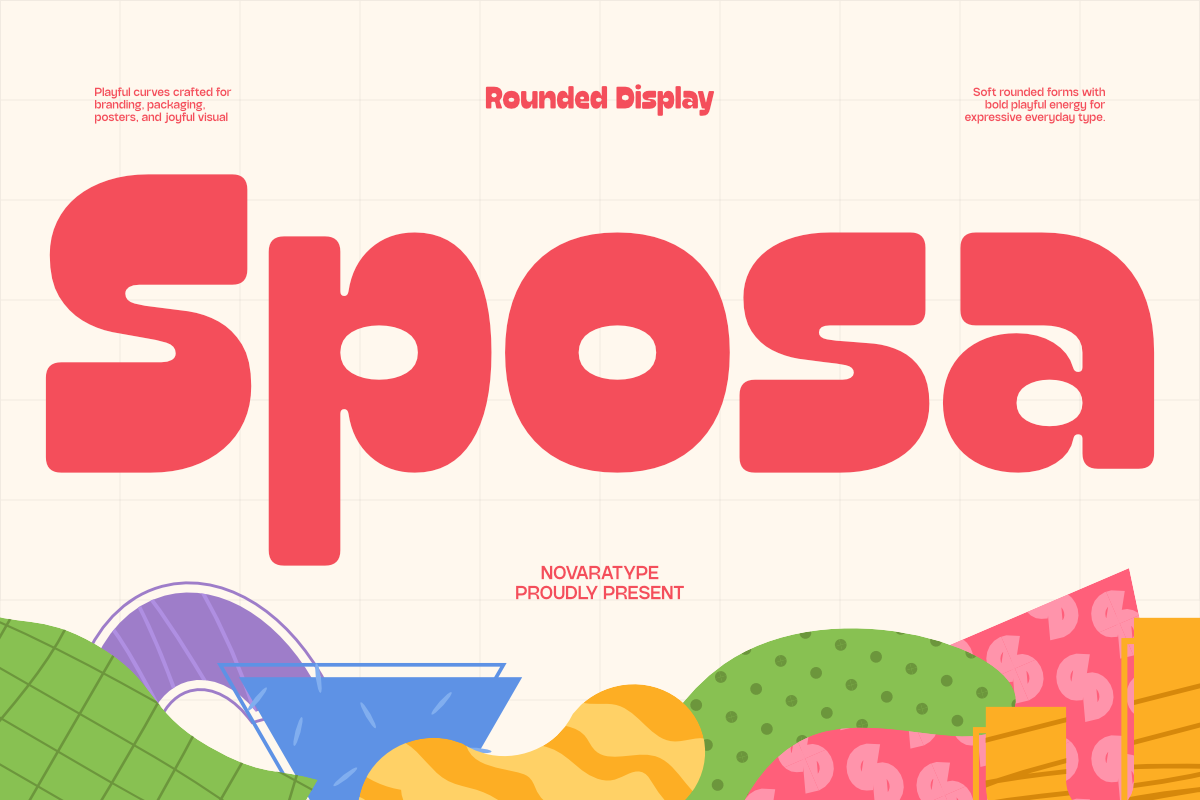 Rounded Display font in hot pink with soft curves, colorful geometric shapes below