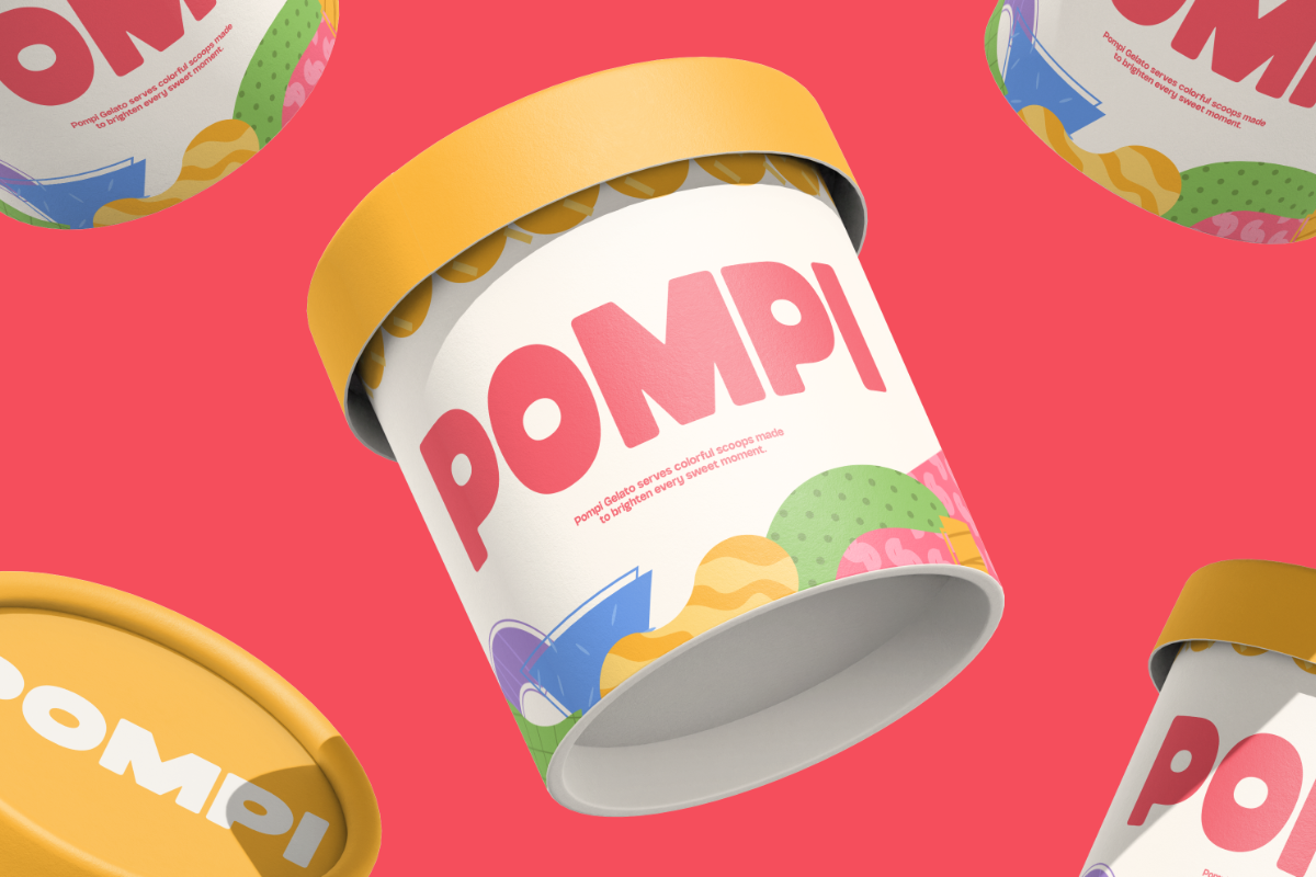 Colorful jar mockup with yellow lid, pink label, surrounded by illustrated fruits on coral background
