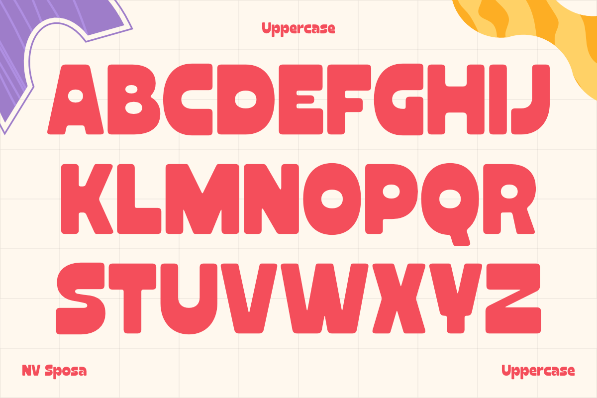 Bold red uppercase typeface with playful cutouts on cream grid background