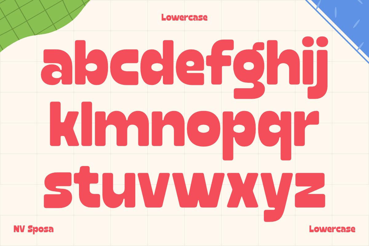 Lowercase font sample showing bold red rounded letters with grid background, colorful corners