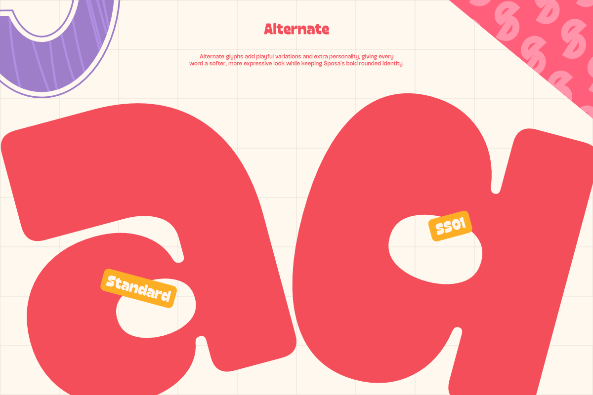 Alternate glyph variations showing standard vs ss01 character swaps in coral red