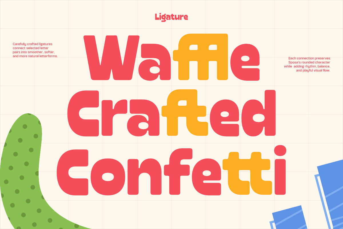 Ligature font specimen showing "Warm Crafted Confetti" in red, yellow, with playful ligatures connecting letter pairs