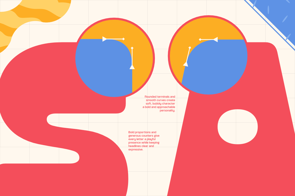 Colorful typeface with rounded terminals, bold proportions, blue circles showing letter construction on grid background