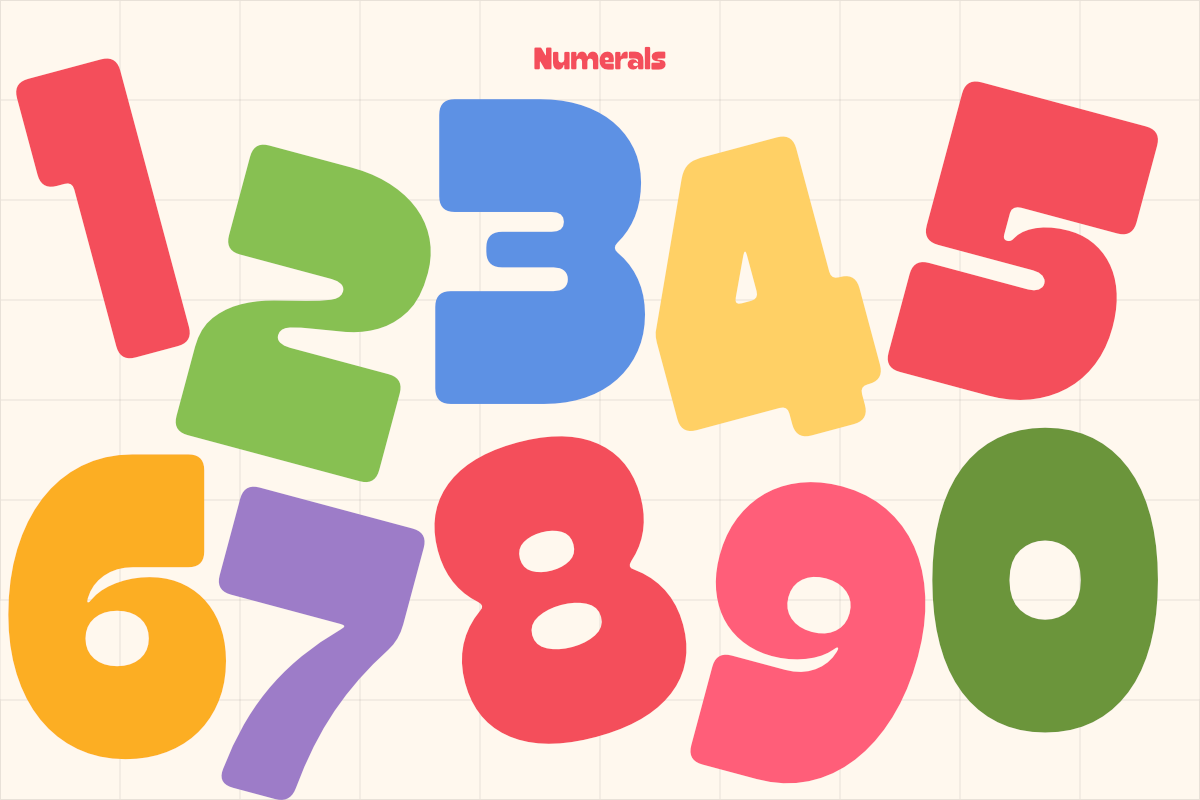 Colorful rounded numbers 1 through 0 in red, green, blue, yellow, purple on cream grid background