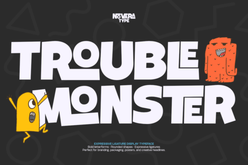 Trouble Monster font display with bold white letters, playful cartoon characters in yellow plus orange on dark background