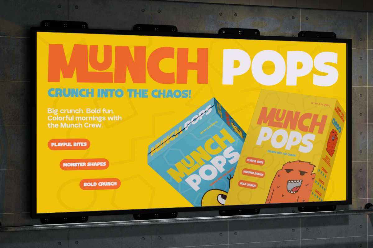 Digital billboard mockup showing Munch Pops cereal campaign with bright yellow background, bold typography, colorful cereal boxes
