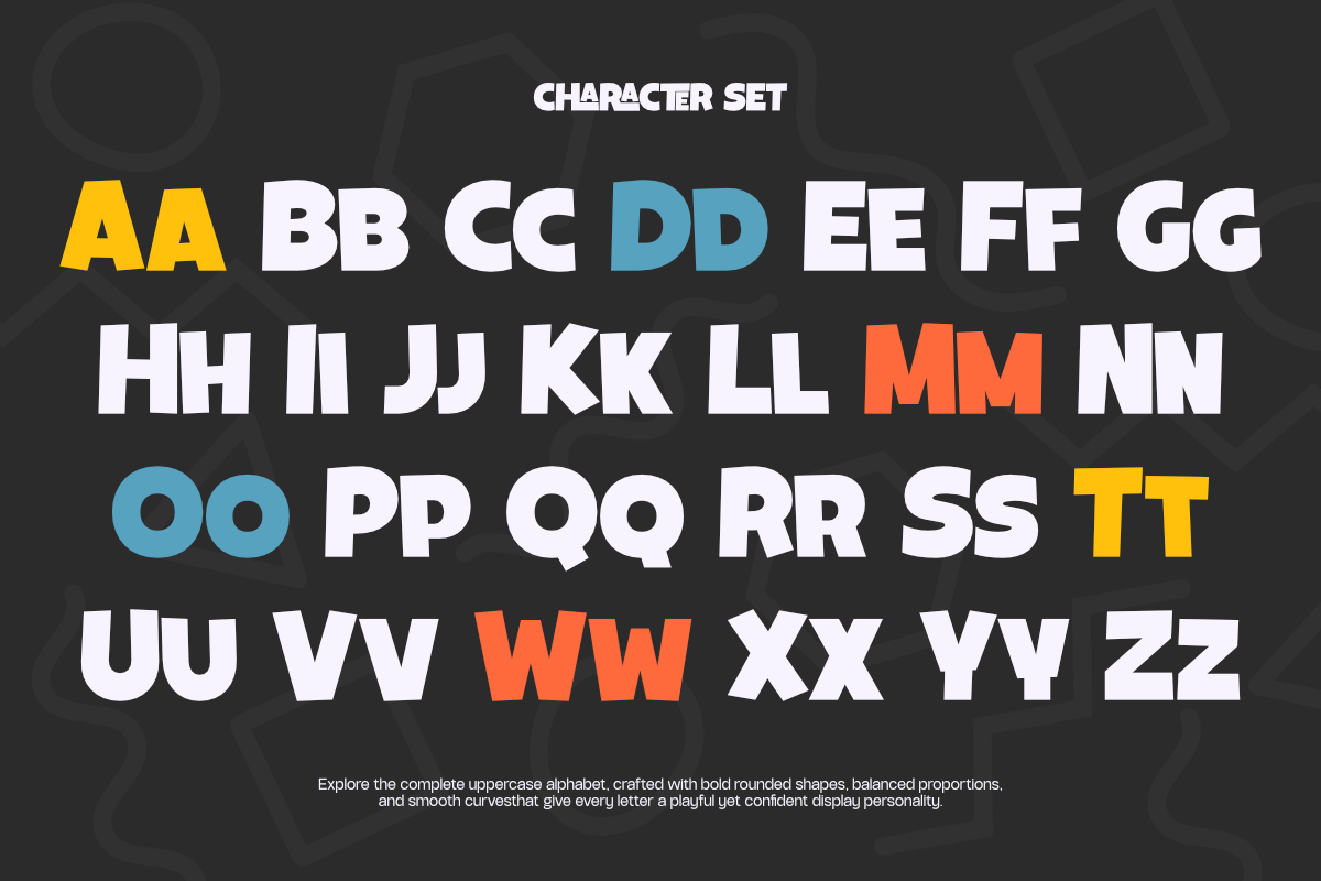 Bold rounded alphabet with colored accents on dark background, uppercase letters AA through ZZ
