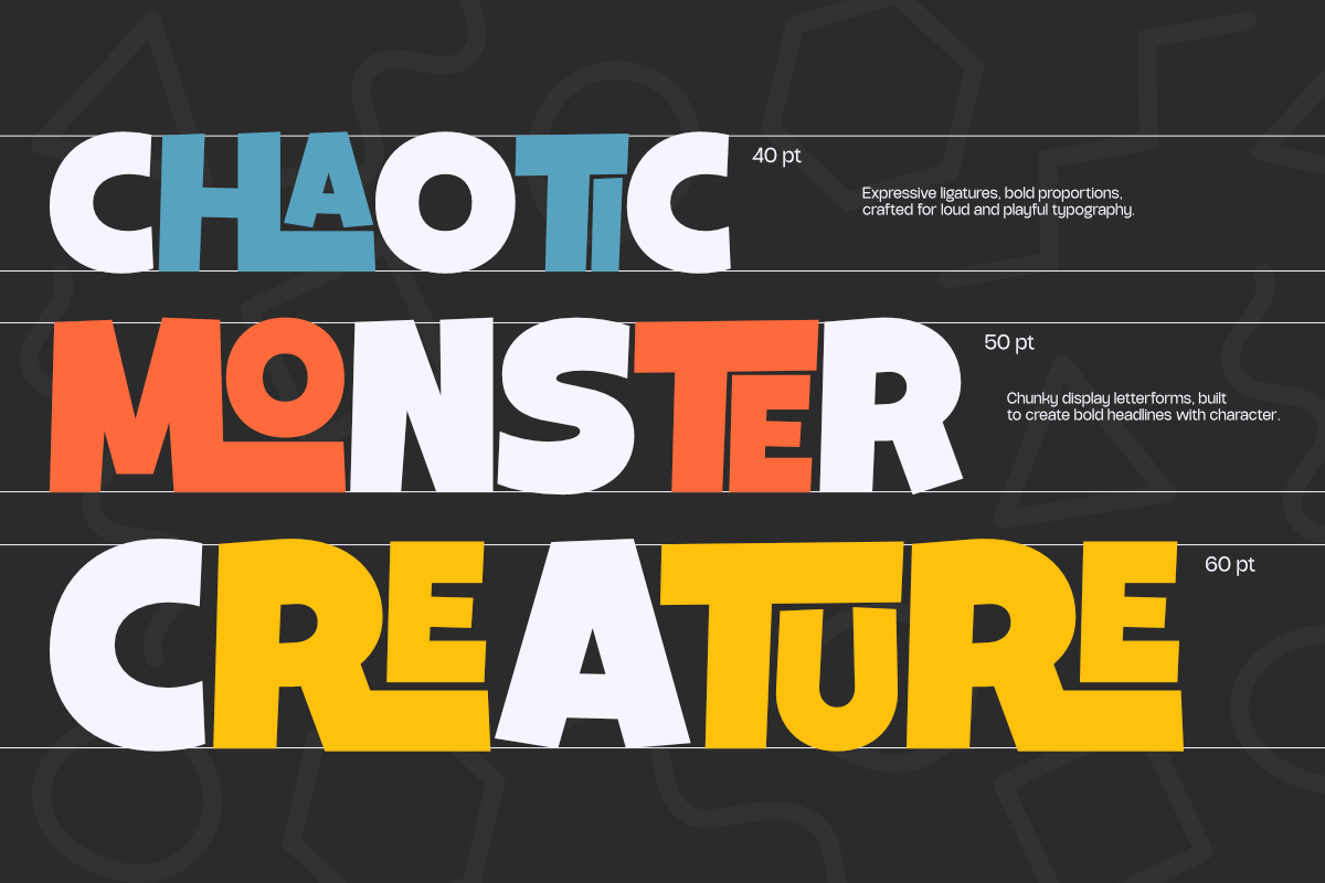 Bold display typeface in three sizes with colorful letterforms on dark background