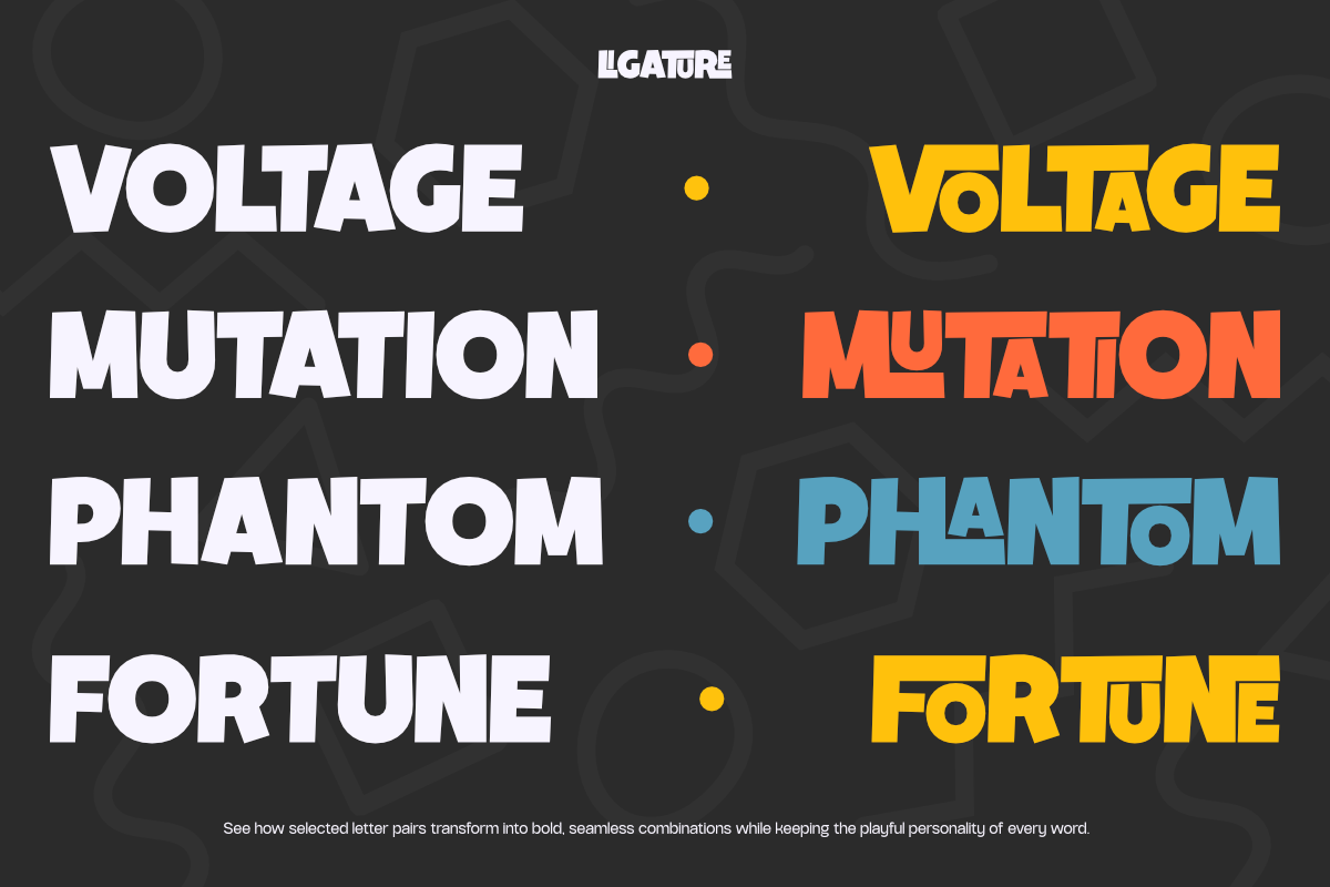 Ligature font showing bold letter combinations in white, yellow, orange, blue on dark background