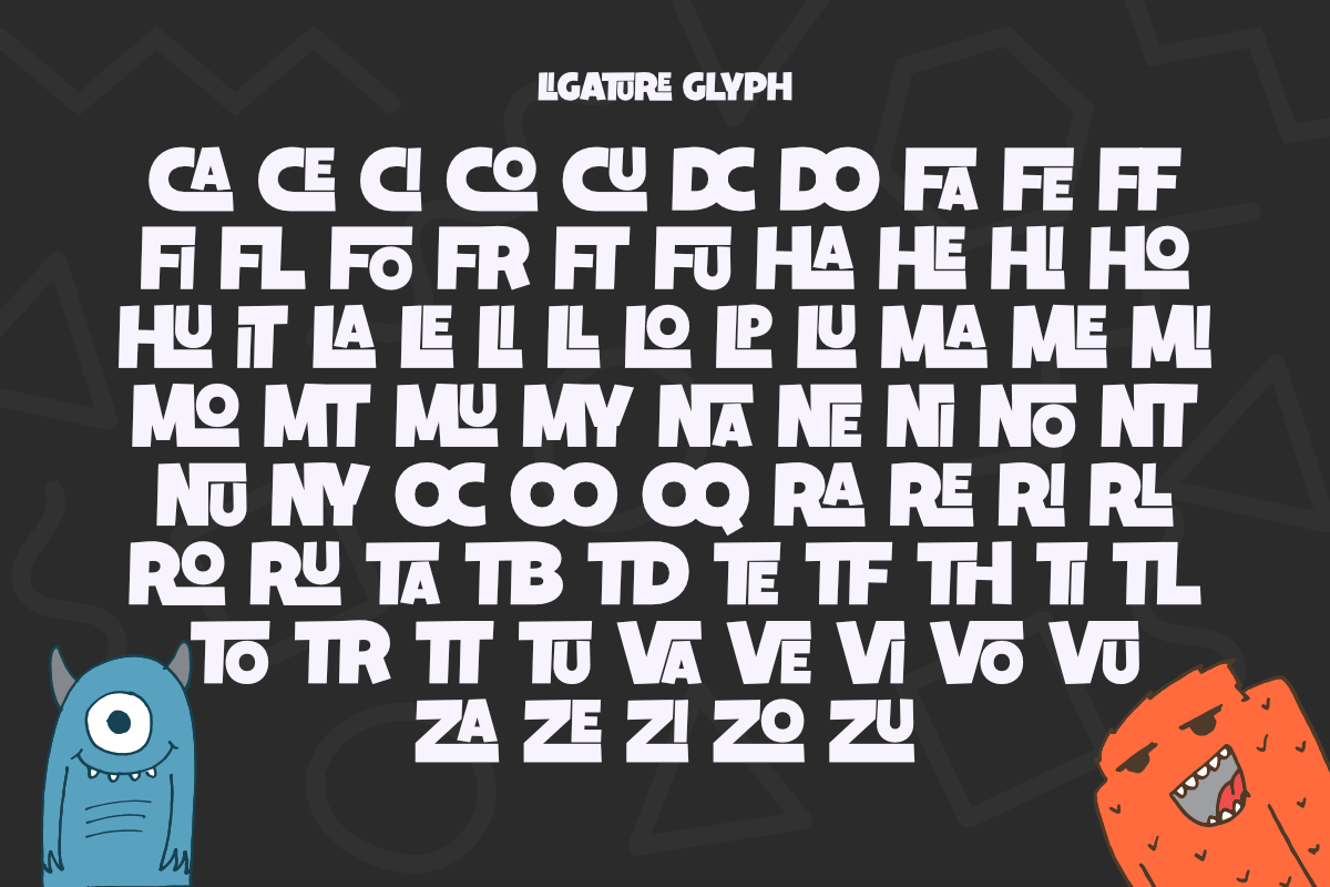 Ligature Glyph font showing all two letter combinations with cute monsters on dark background