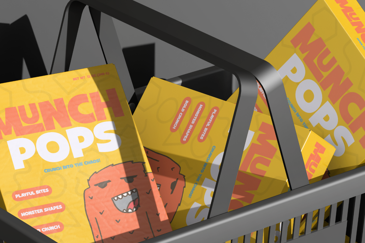 Bright yellow cereal boxes with red monster characters sitting in shopping cart mockup with black handles