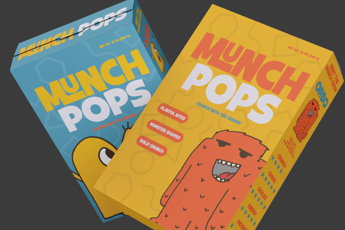Cereal box mockup with blue, yellow boxes showing playful monster characters with bold typography