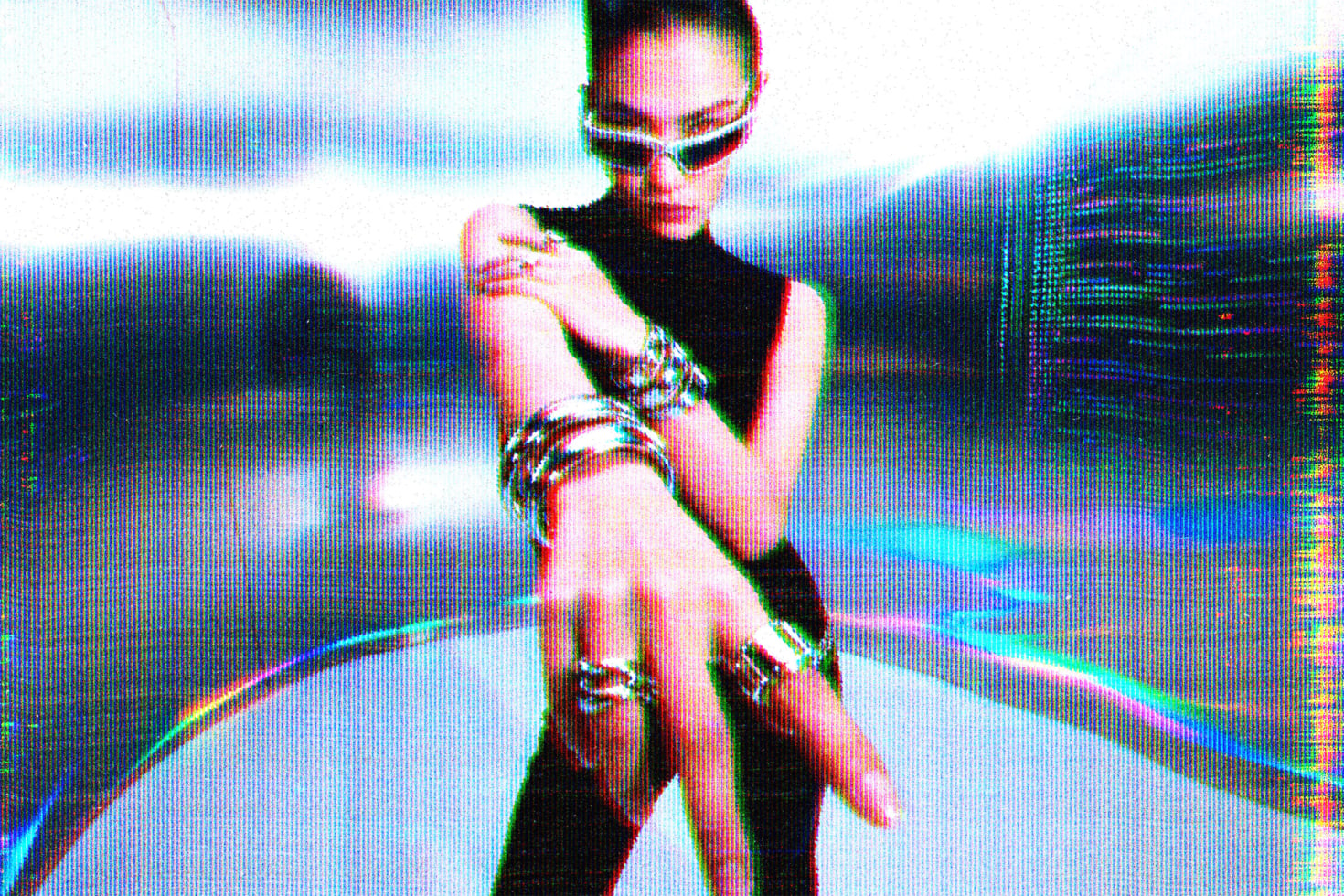 Cyberpunk portrait of woman in futuristic sunglasses with heavy glitch effect overlay throughout image