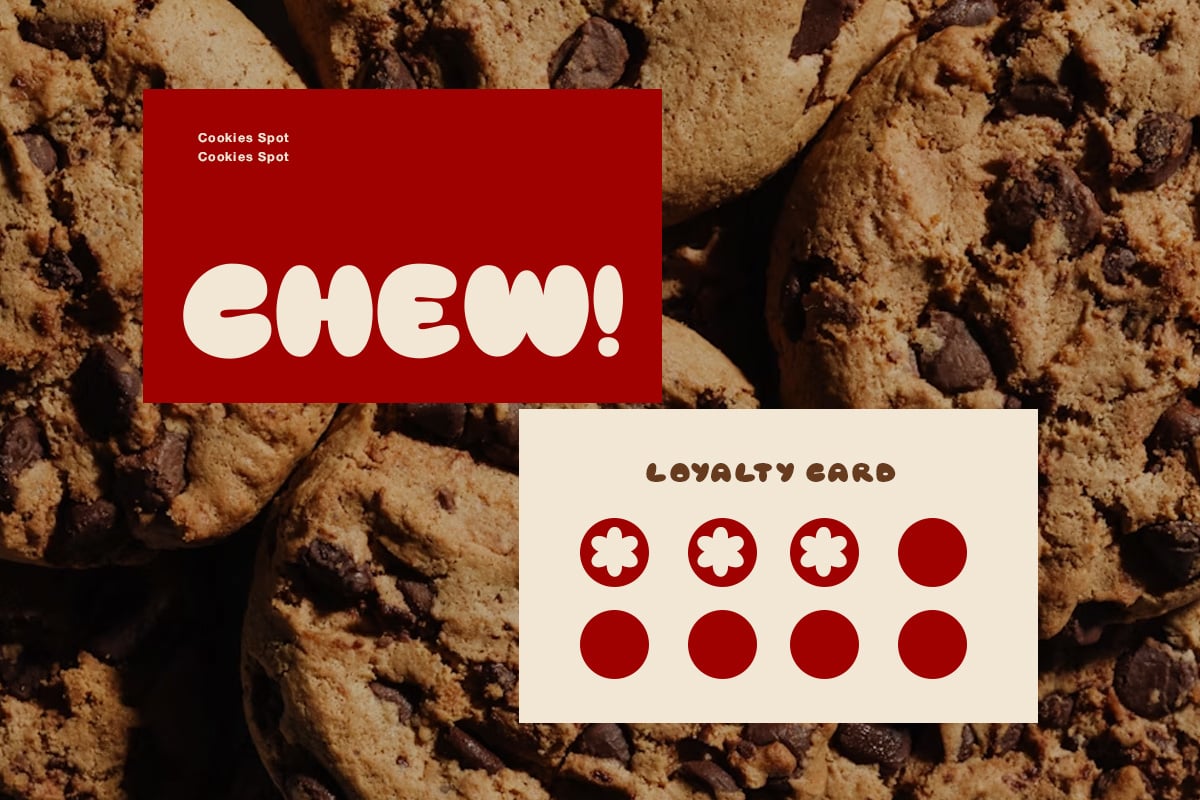 Chocolate chip cookies background with red "Chew" banner over cream loyalty card mockup