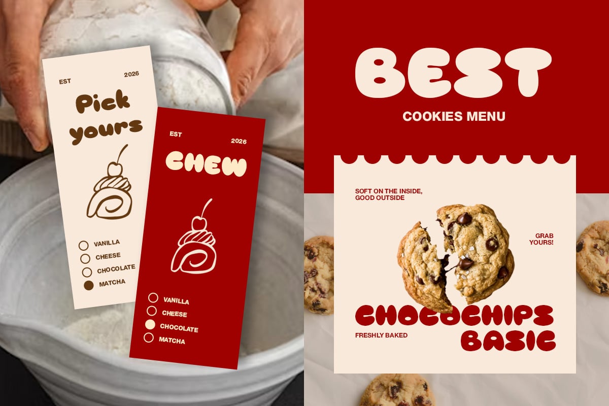 Left side: Cream plus red menu cards with playful retro typography for bakery flavors like vanilla, cheese, chocolate, matcha Right side: Bold red poster featuring chocolate chip cookies with chunky retro lettering, "best cookies menu" header