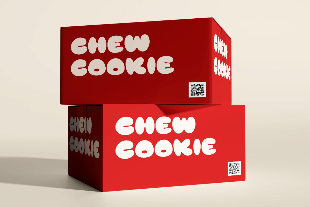 Stacked red product boxes with white bubble letter branding, QR codes on sides