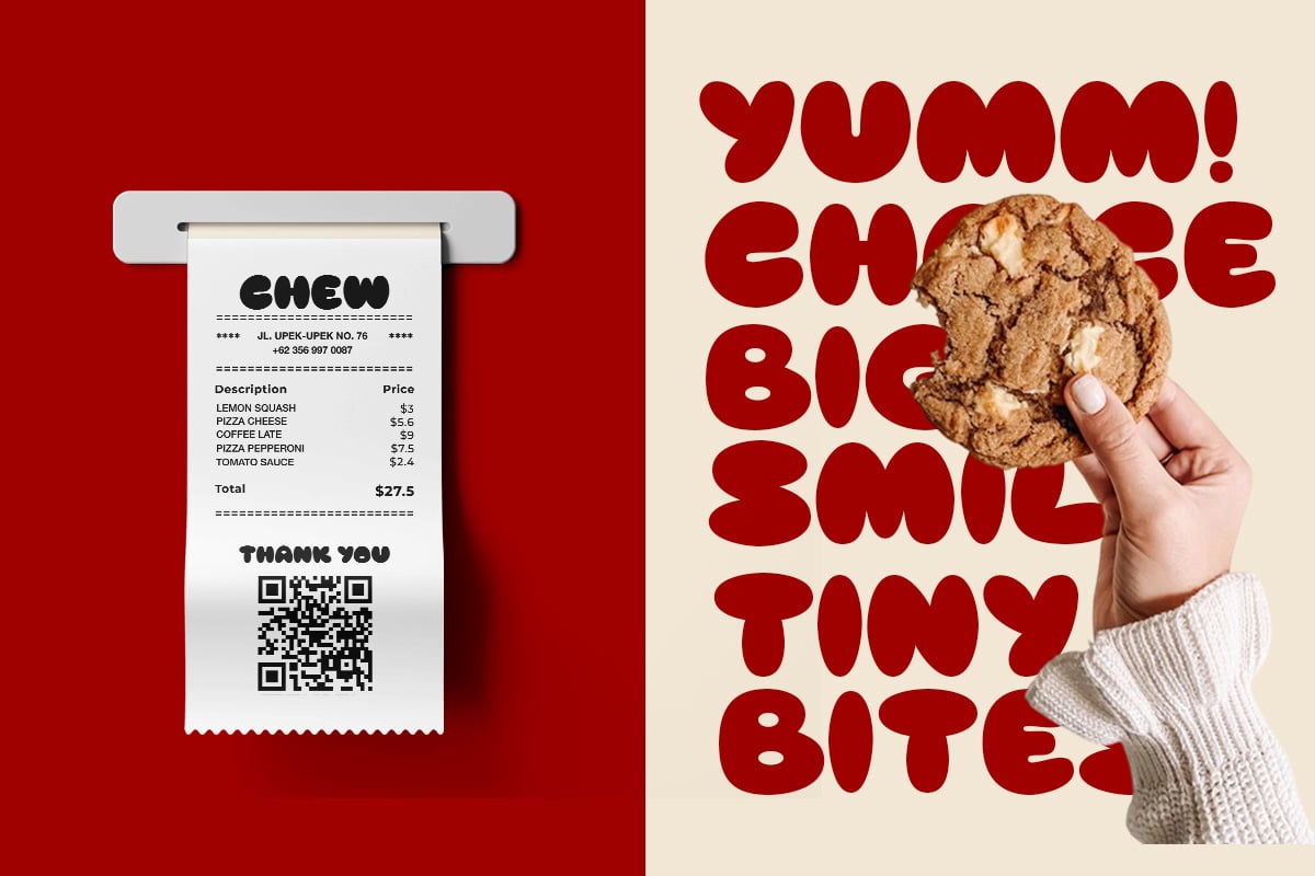 Two-part mockup: left shows receipt template with menu items, right displays playful food poster with chunky retro typography