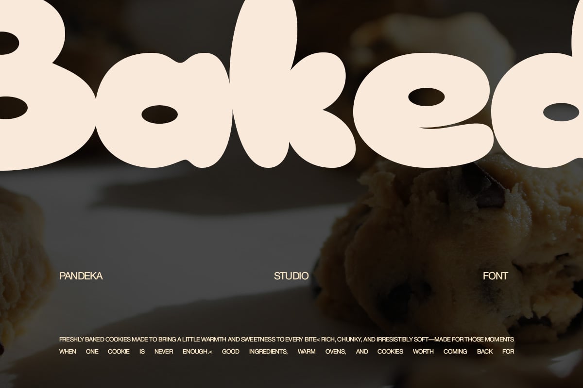 Bubble-shaped display font with organic curves in cream over moody background with cookies