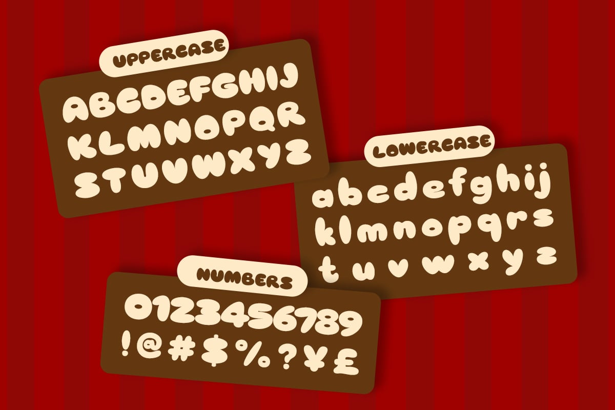 Groovy rounded font with upper, lowercase, numbers, symbols on red background