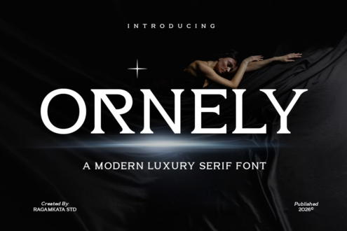 Ornely serif font displayed in white on dark moody background with figure in silk fabric