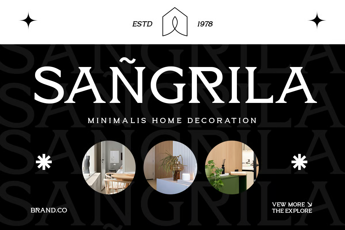 Sangrila minimalist home decor website header with circular room photos on black background