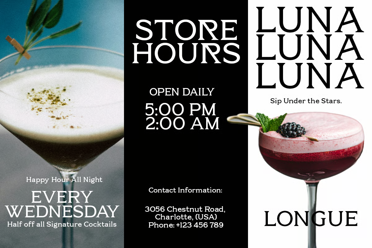 Bar menu mockup with cocktail photos, store hours, drink names, taglines on split layout