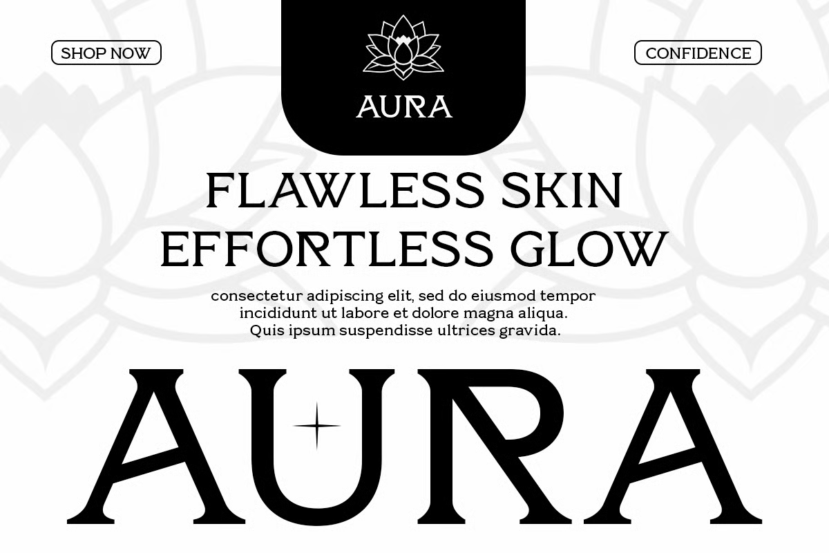 Skincare brand landing page mockup with lotus logo, black header, serif typography for flawless skin messaging