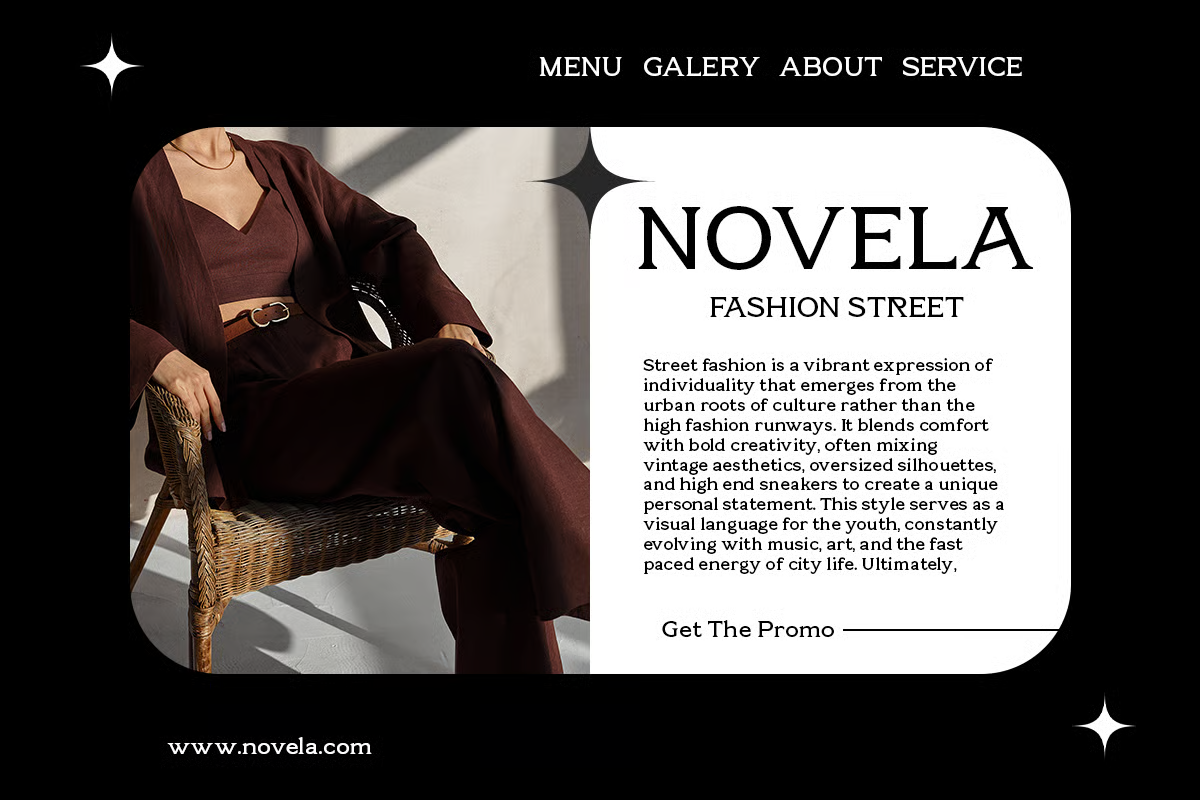 Woman in maroon outfit with gold belt sitting on wicker chair, modern fashion layout mockup