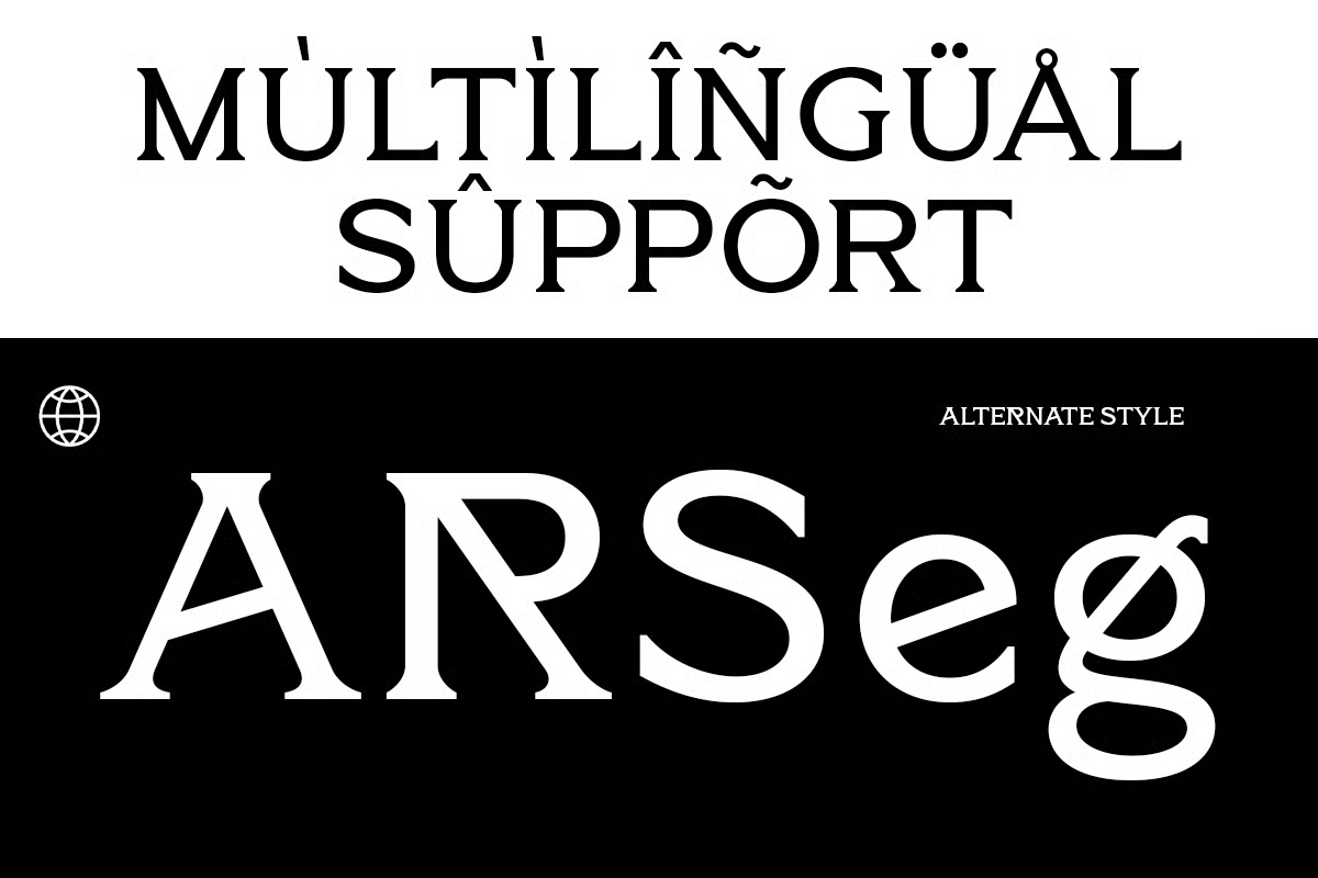 Serif font specimen showing multilingual support with diacritical marks across languages