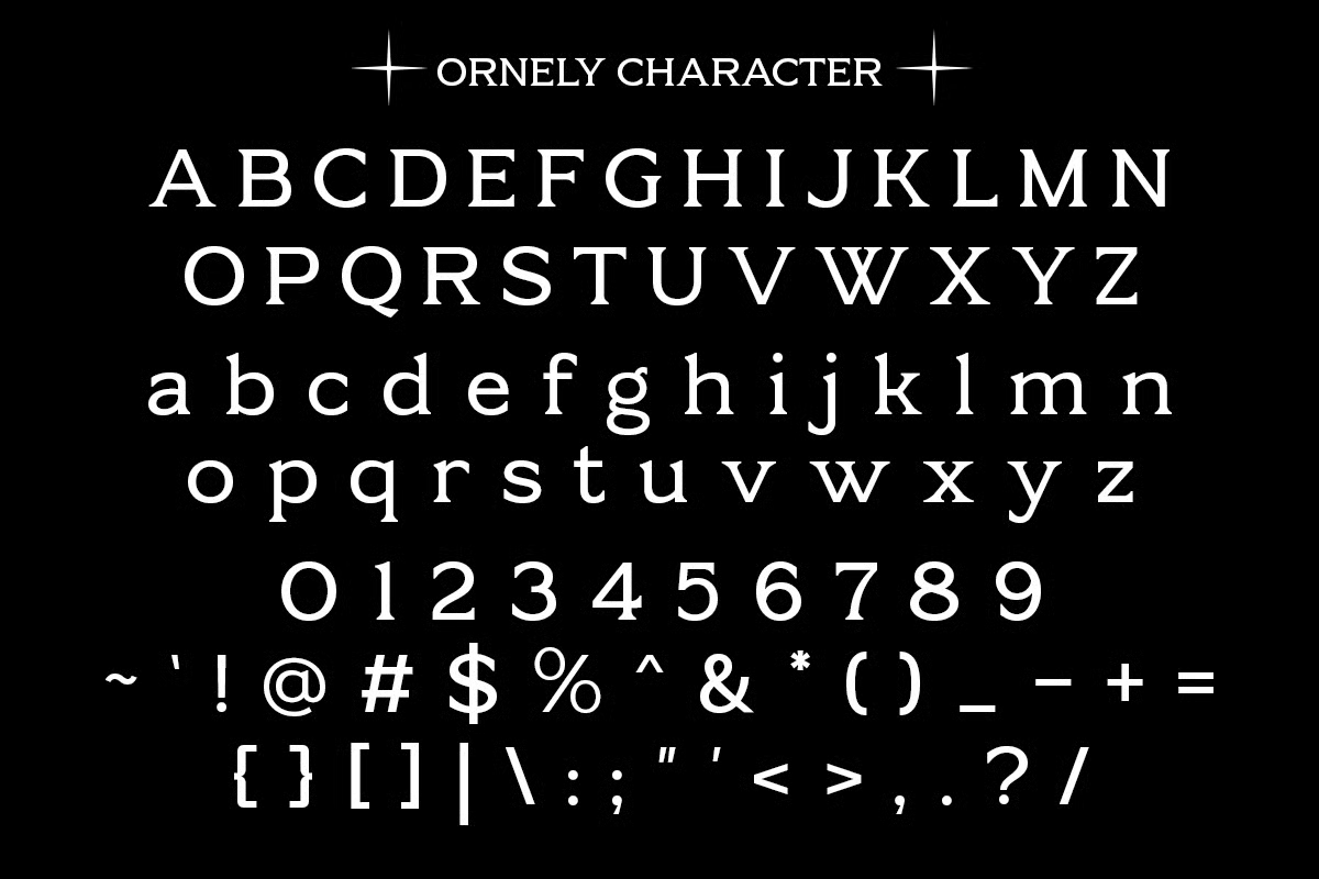 Ornely Character serif font showing uppercase, lowercase, numbers, symbols on black background