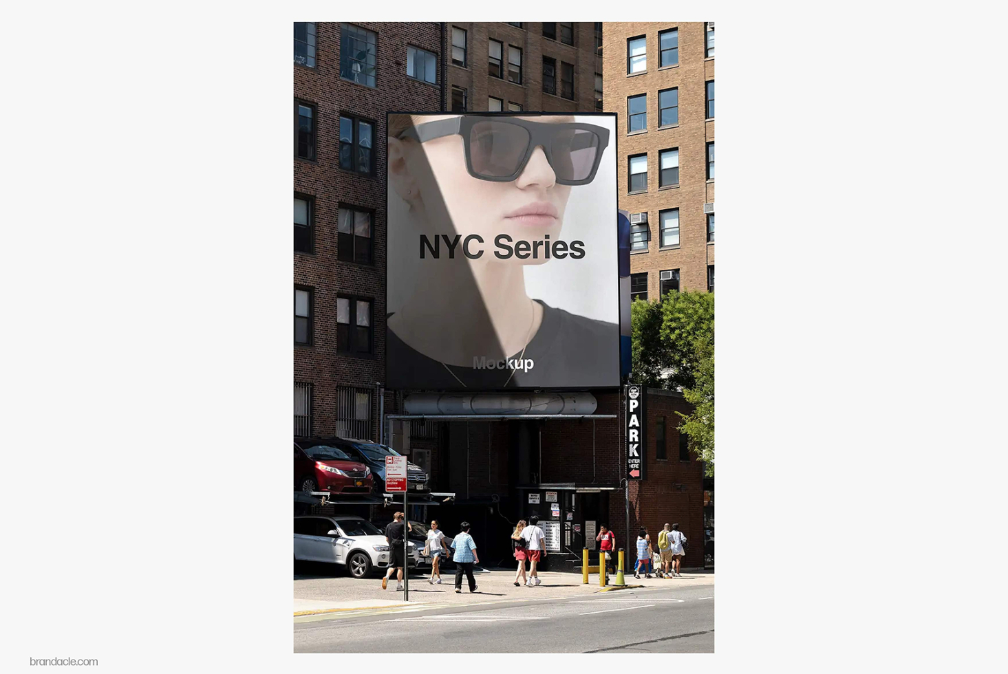 NYC Series billboard mockup with sunglasses on urban storefront