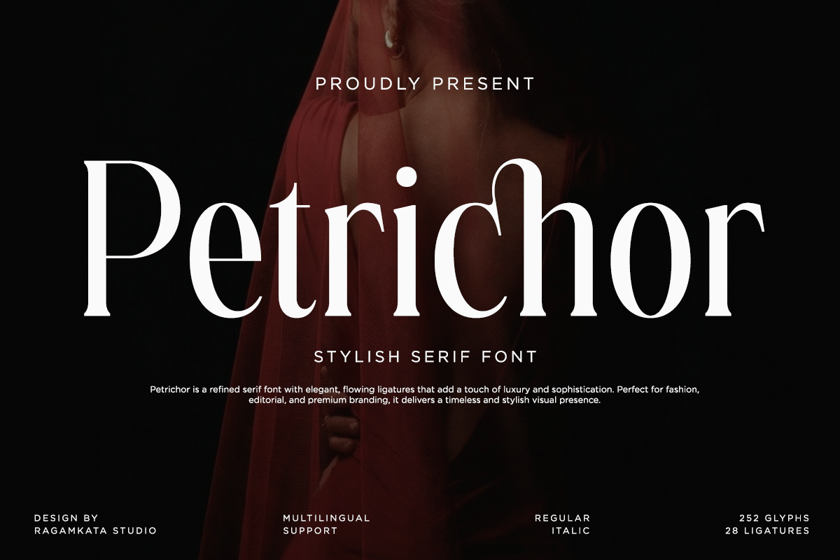 Petrichor serif font displayed in elegant white letters over moody burgundy fabric backdrop
