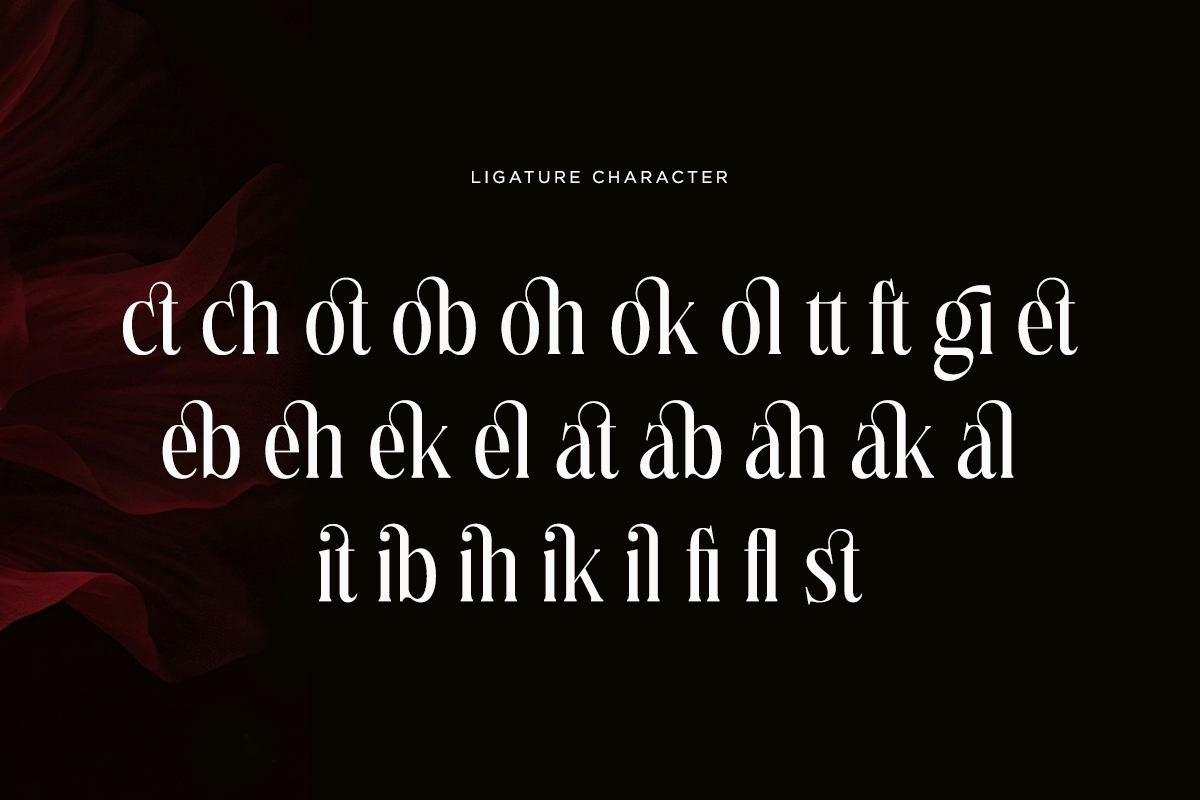 Ligature character font sample showing connected letter pairs on dark red swirl background