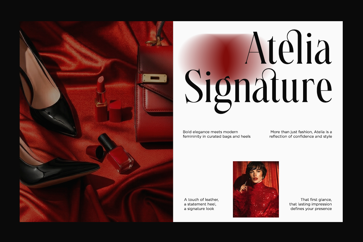 Luxury fashion brand lookbook layout with red silk, heels, nail polish, handbag