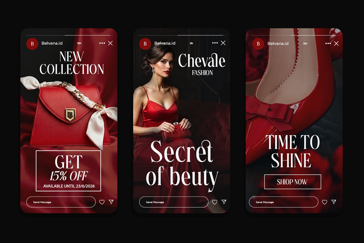 Three luxury fashion Instagram story templates with deep red velvet aesthetic showing handbags, model styling, shoes