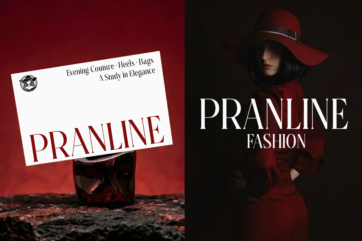 Luxury fashion brand mockup showing red envelope with Pranline logo alongside moody portrait of model in crimson cap