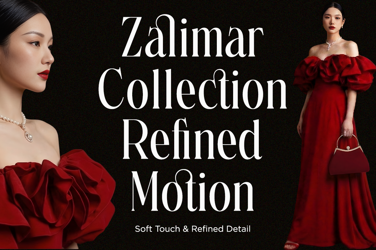 Zalimar Collection Refined Motion luxury fashion mockup with red gowns on black background