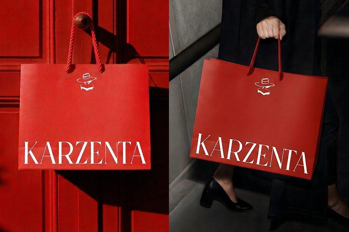 Bright red shopping bag mockup with "KARZENTA" branding shown in two angles with rope handles