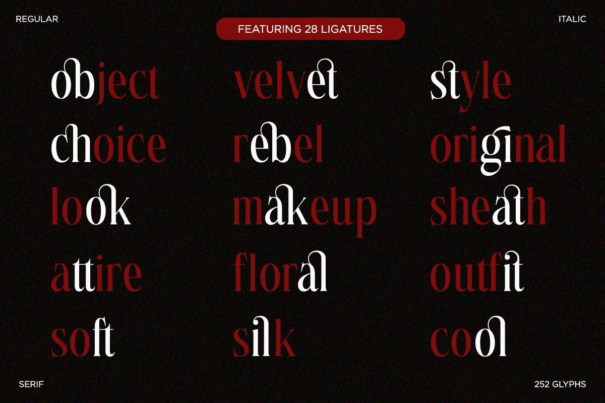 Serif font specimen showing red, white text on black with 28 ligatures across regular, italic styles