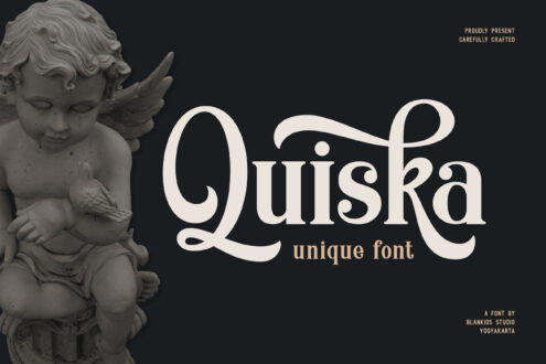 Quirska serif font display with ornate letterforms next to classical stone cherub