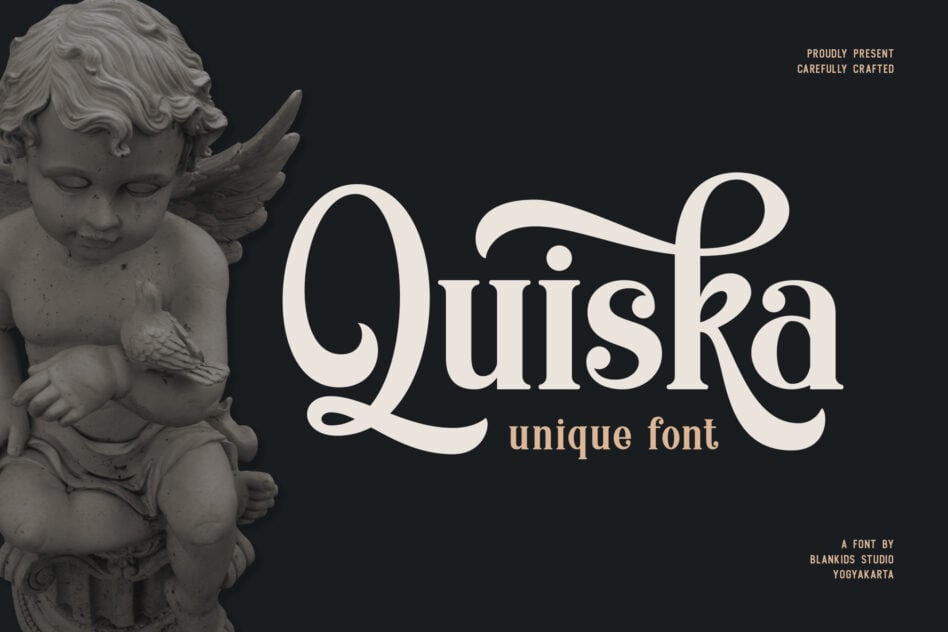 Quirska serif font display with ornate letterforms next to classical stone cherub