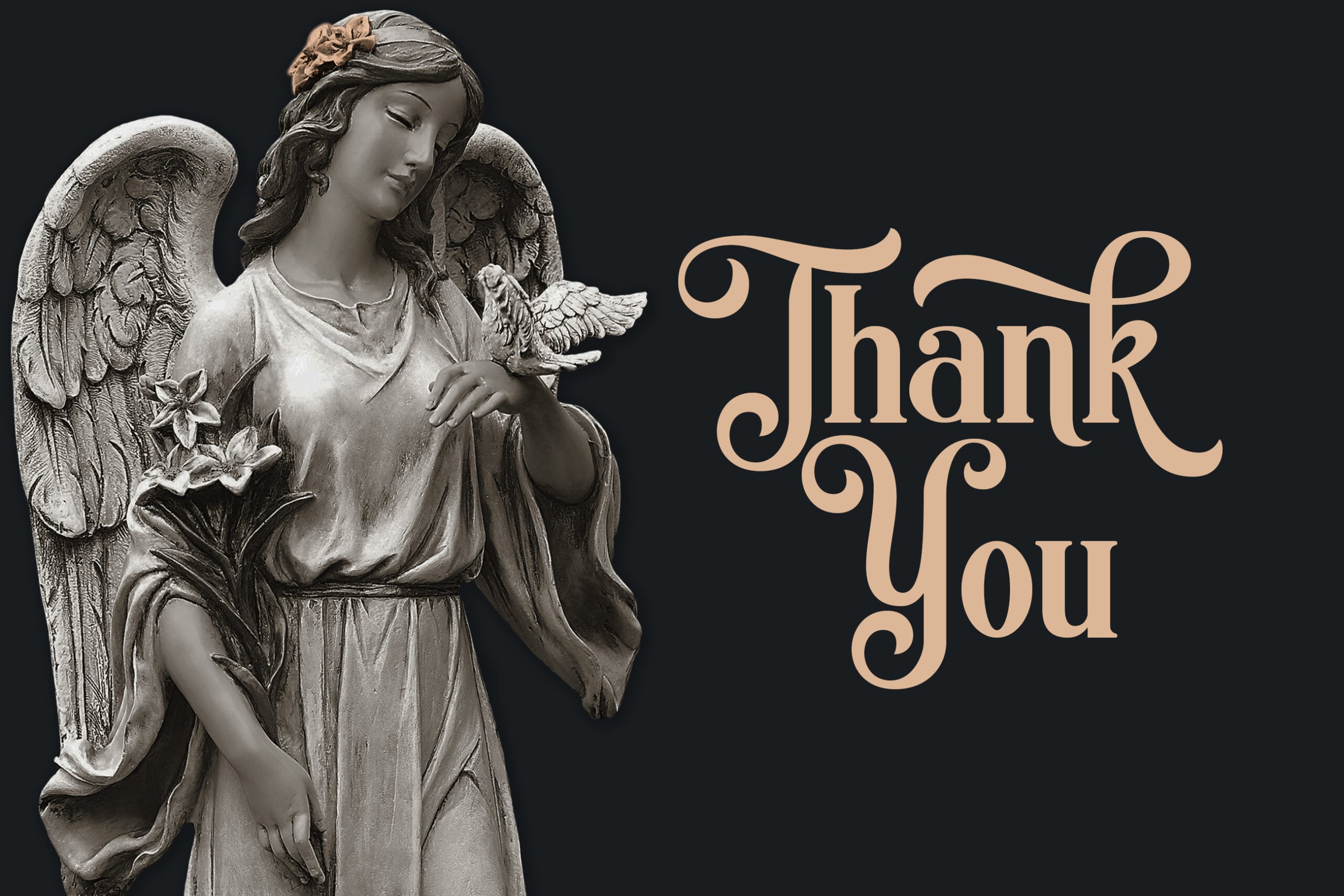 Stone angel statue next to ornate peach thank you typography on dark background