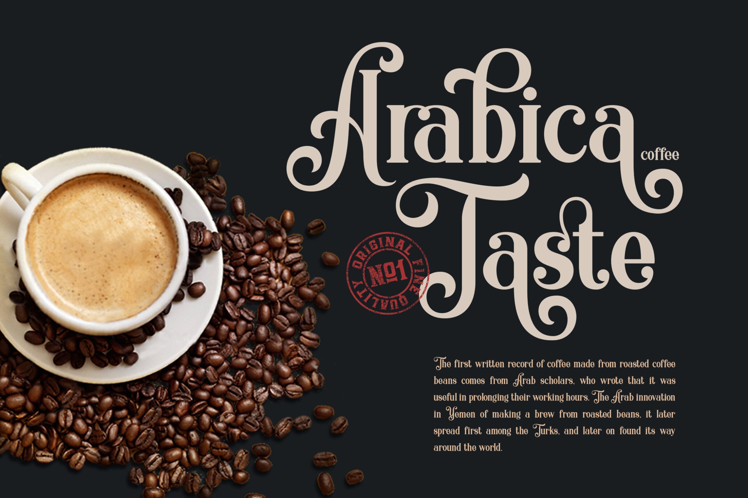 Overhead shot of espresso cup with beans scattered around ornate serif typography reading Arabica Taste