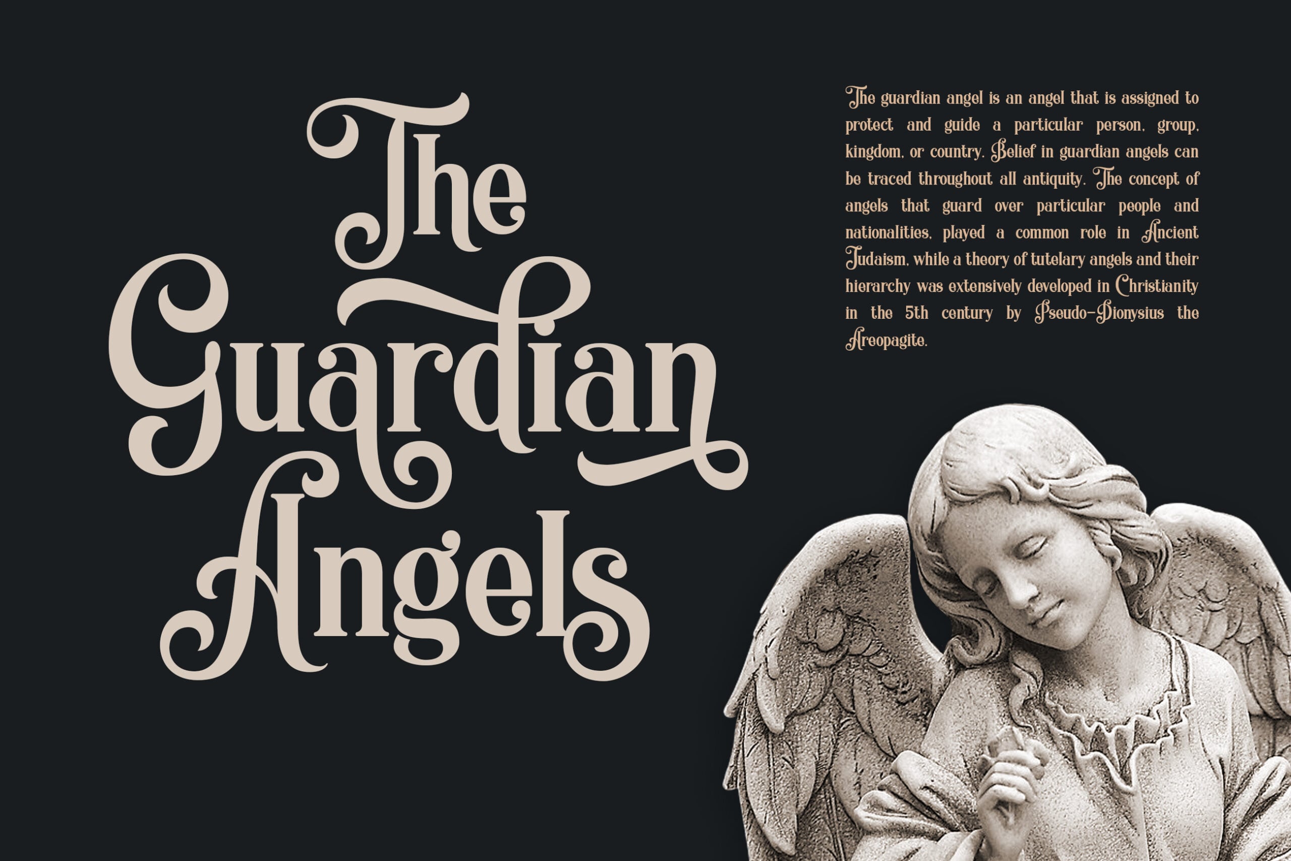 Ornate serif title with stone angel statue on dark background with descriptive text