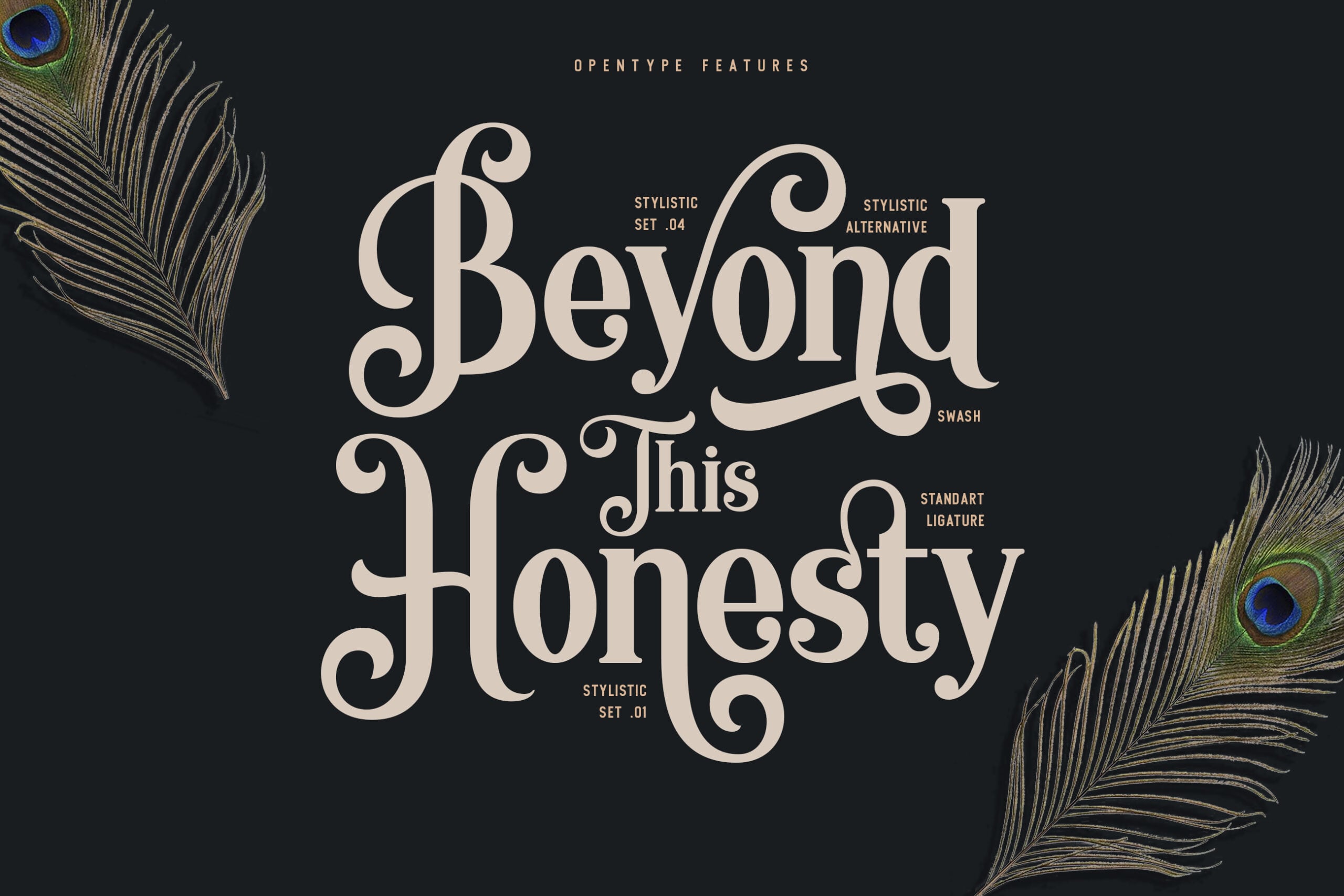 Elegant serif font showcase with ornate swashes, stylistic sets, ligatures on dark background with peacock feathers