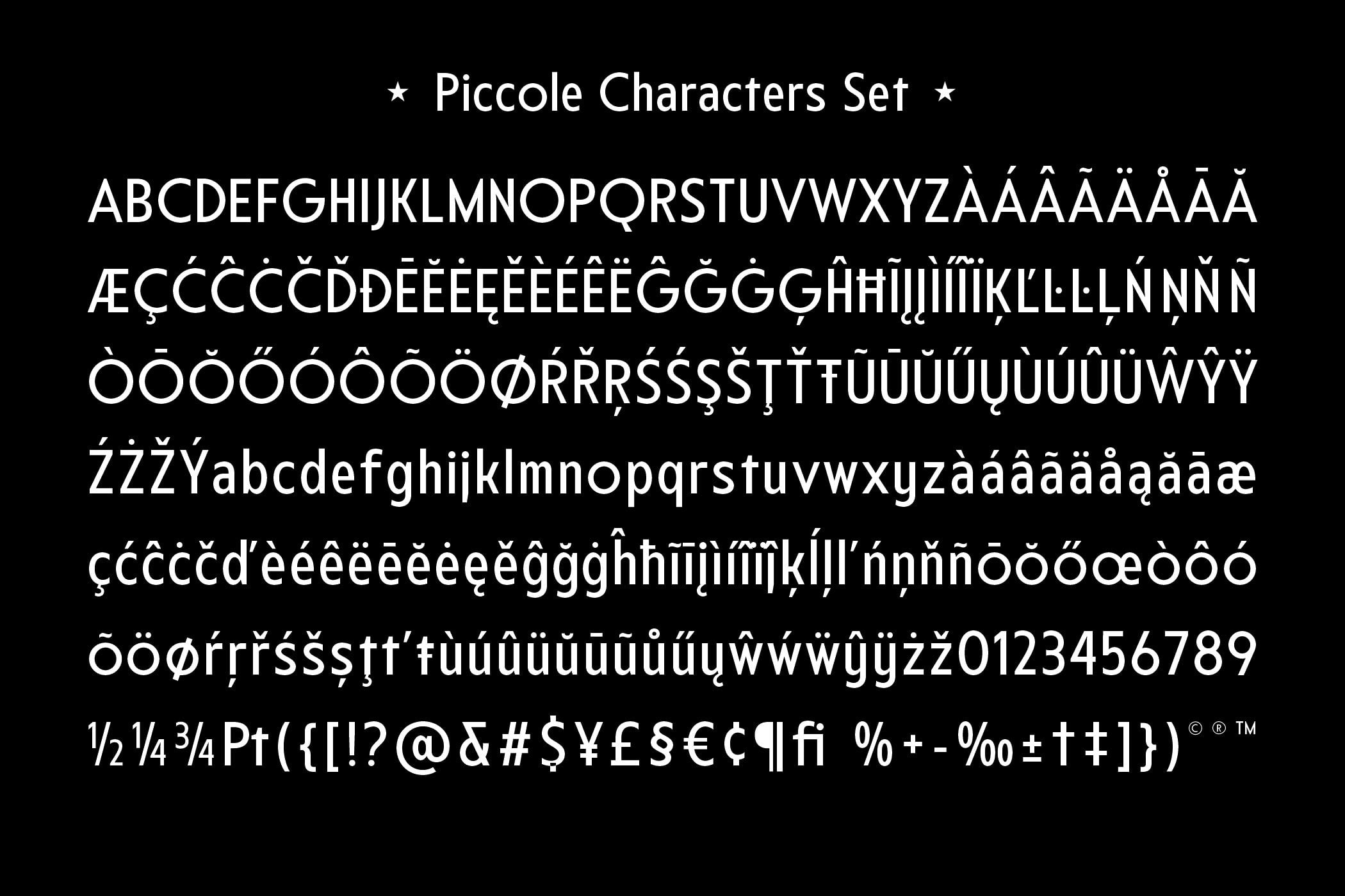 Piccole Characters Set showing full uppercase, lowercase, accented letters, numbers plus symbols on black background