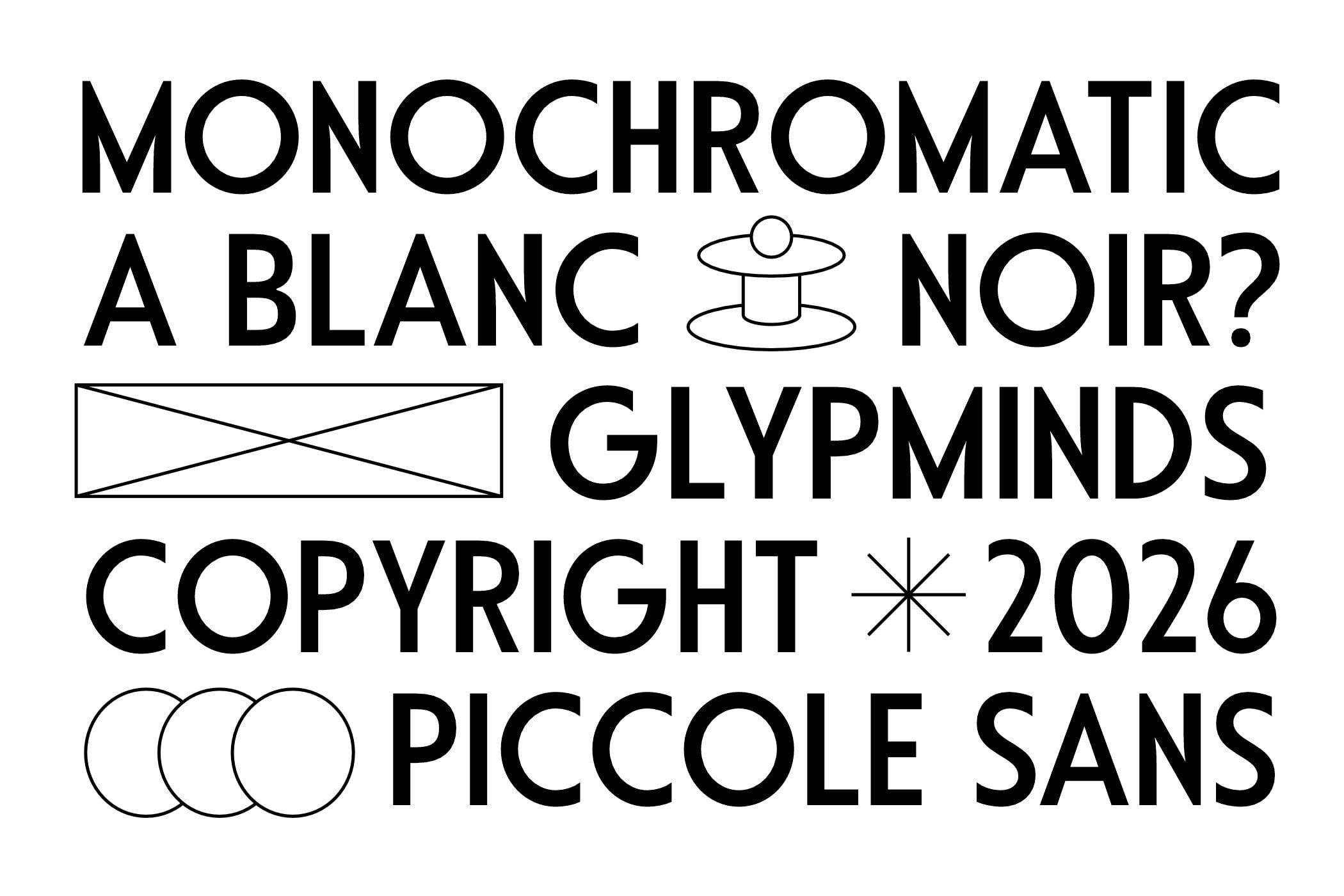 Piccole Sans typeface specimen showing monochromatic layout with geometric line icons